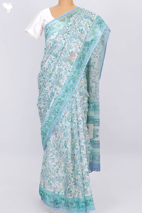 Kota Doria Saree In Floral Block Print